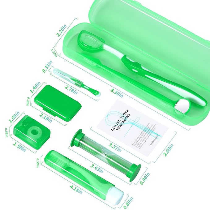 Annhua 8 Pcs Orthodontic Care Kit for Braces, Portable Braces Kit Cleaning Tools Tooth Pick Hygiene Set with Interdental Brush, Ortho Wax, Floss, Oral Mirror Included - Green