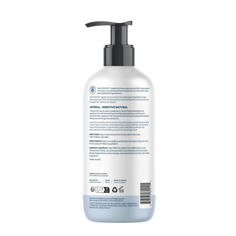 ATTITUDE Hand Soap for Sensitive Skin Enriched with Oat, EWG Verified, Dermatologically Tested, Vegan, Extra Gentle, Unscented, 16 Fl Oz
