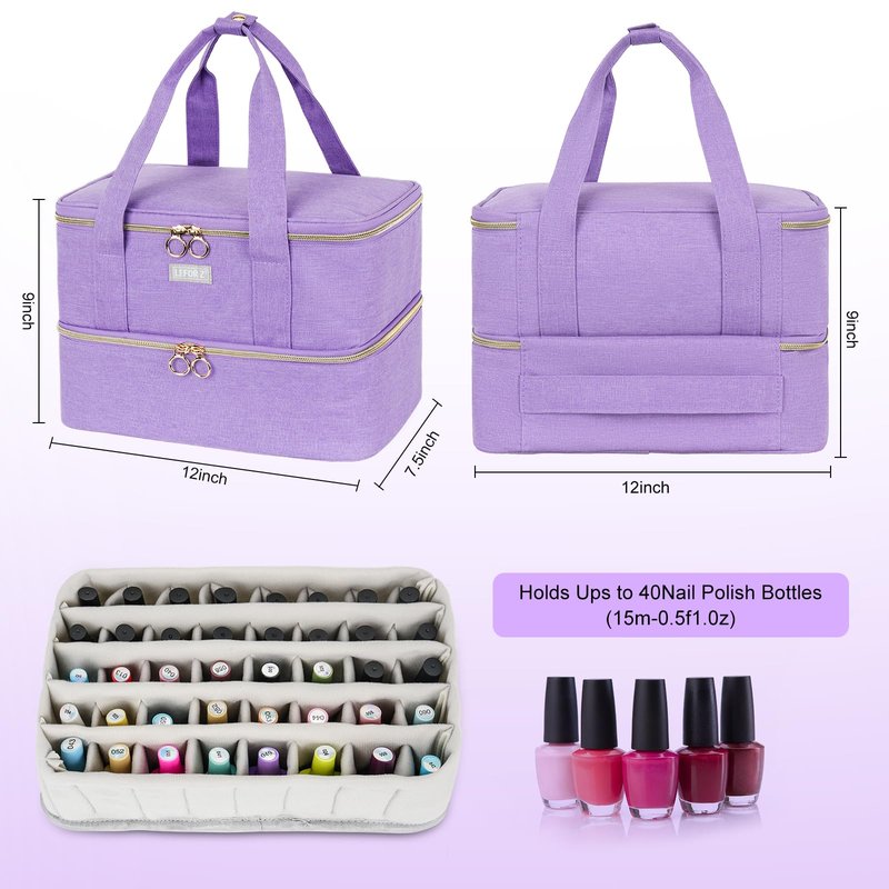 Nail Polish Organizers and Storage Holds 40+ Bottles(15ml-0.5 fl.oz) and Nail Lamp,Double-Layer Nail Polish Carrying Case,Nail Supplies Bag for Travel,Home Storage,Nail Tech,Gift for Women Grils