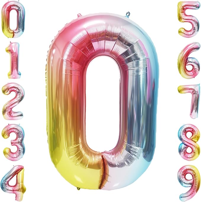 Rainbow Number Balloons Birthday Balloons - Giant Number 0 Balloon 40 inch, Numbers Balloon Birthday Decorations, Rainbow Party Supplies for Baby Shower