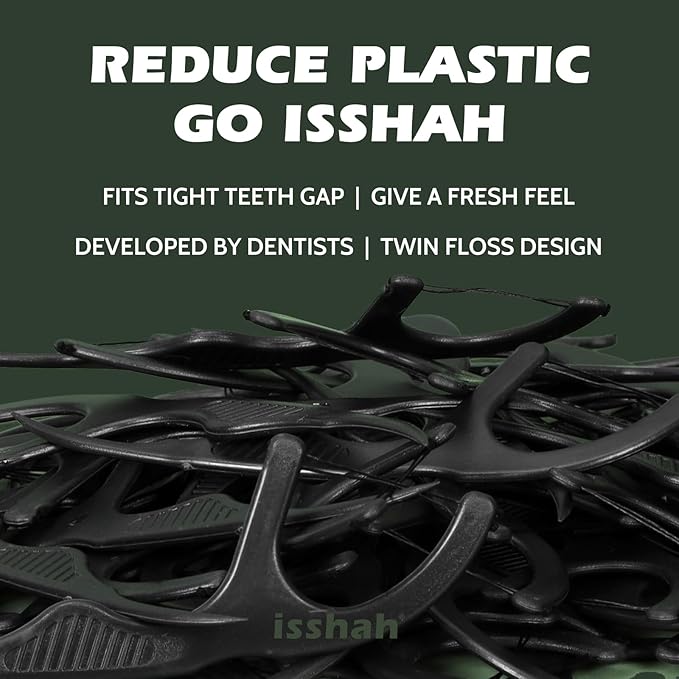 Plant Based Dental Floss Picks (300 Count) - Freshlock EcoPouch, Plant Based, Vegan, Eco Friendly, Sustainable Dental Flossers - Twin Floss (Charcoal)