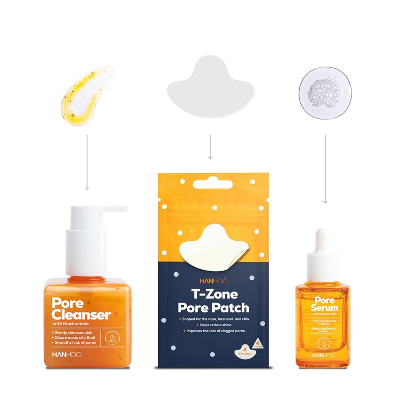 Hanhoo Pore Collection, Pore Cleanser 6.76 Fl. Oz., Pore Serum 1 Fl. Oz., T-Zone Pore Patch 8 Ct, with Niacinamide and Salicylic Acid, Pore Patches, Clarifies Clogged Pores, Korean Skincare