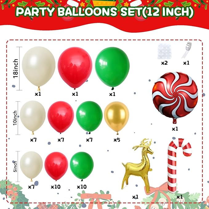 Christmas Balloon Arch Kit, Christma Green Red Sand White Gold Balloons, Candy Crutch Deer Foil Ballons for MerryChristmas Party Decorations Xmas Party Supply Birthday,Baby Shower