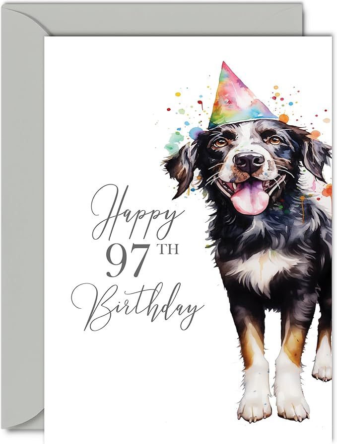 97th Birthday Cards for Women Men - Party Dog - Happy Birthday Card for 97 Year Old Woman Man Great Nan Grandma Grandad Mum Dad Auntie Uncle Cousin, 5x7 Inch Bday Greeting Cards