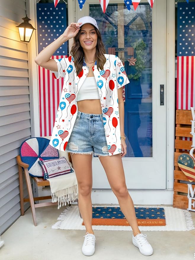 4th of July Shirts Women American Flag Patriotic Shirt Independence Day Short Sleeve Button Down Outfits