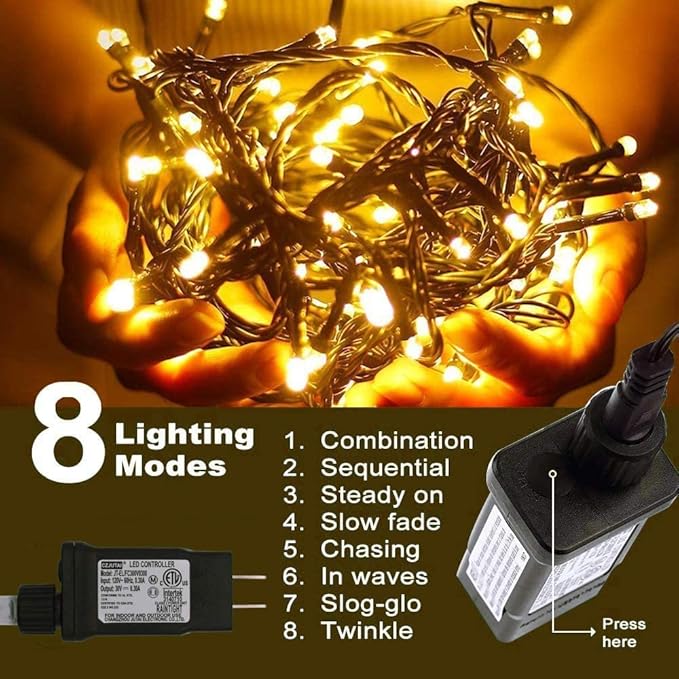Christmas Decorations Outdoor String Lights - 25m/82ft 220 LEDs 8 Modes Memory Function End-to-End Extendable Plug in Waterproof Fairy Light for Thanksgiving Halloween Wedding Patio Decor - Warm White