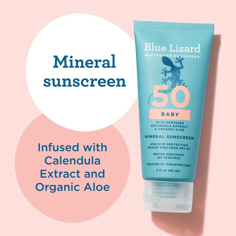 BLUE LIZARD Baby Mineral Sunscreen with Zinc Oxide, SPF 50+, Water Resistant, UVA/UVB Protection with Smart Cap Technology - Fragrance Free, 3 Ounce Tube