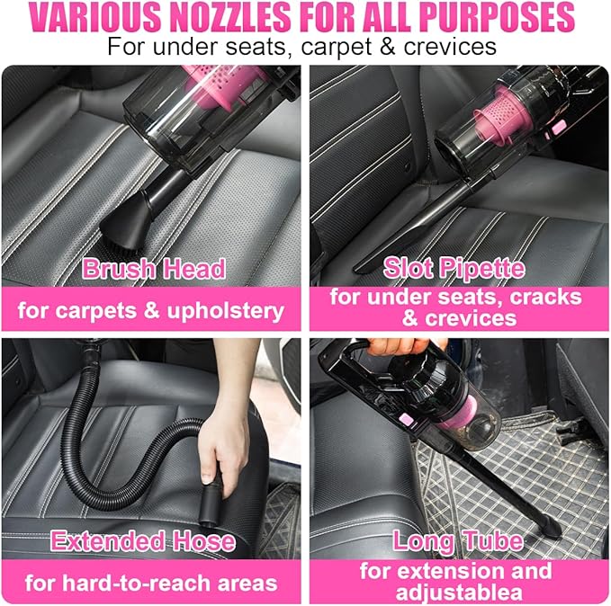 Viewsun Car Vacuum Cordless Rechargeable, 8000PA High Power Handheld Vacuum Cleaner with 17PCS Car Cleaning Kit, Pink Auto Accessories for Women Gift