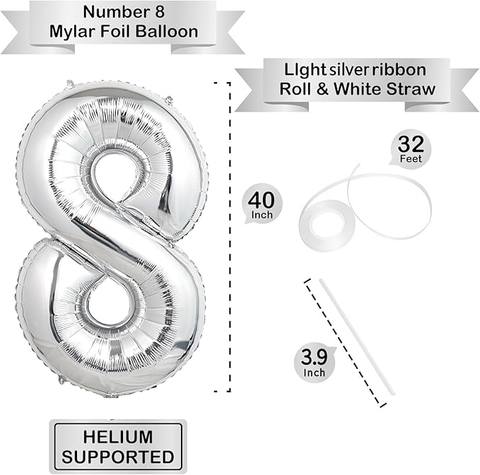 40 Inch Silver Number Balloons, Helium Mylar Foil Number Balloons for Birthdays, Number 8 Balloon for Party Wedding Bachelorette Birthday Bridal Shower Graduation Anniversary Celebration Party Decorations Supplies