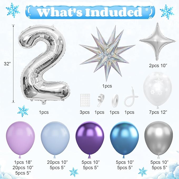 Snow 2nd Birthday Decorations Girl, Snowflake Balloon Garland Arch Kit, Laser Explosion Star Balloons, Silver Number 2 Balloon Tower for Baby Shower Girls 2nd Snow Theme Party Supplies