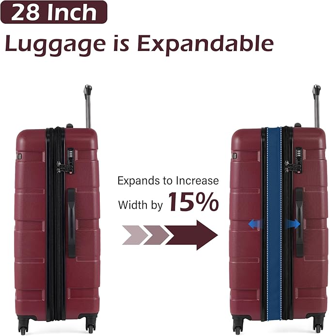 Coolife Expandable Large Checked Luggage Hardside PC+ABS Suitcase with TSA Lock, Lightweight Rolling Carry On with Spinner Wheels(Radiant Pink, 28in)
