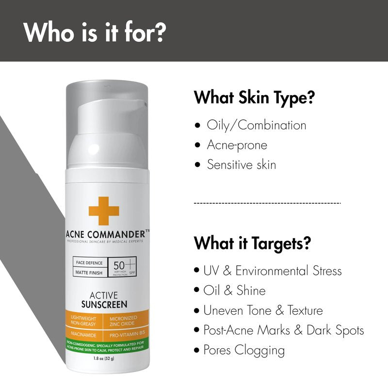 Acne Commander Mineral SPF 50 Face Sunscreen for Acne-Prone & Sensitive Skin — Zinc Oxide, Non-Comedogenic, No White Cast — Non-Tinted, Broad Spectrum, Fragrance-Free, Lightweight Daily, ~52g