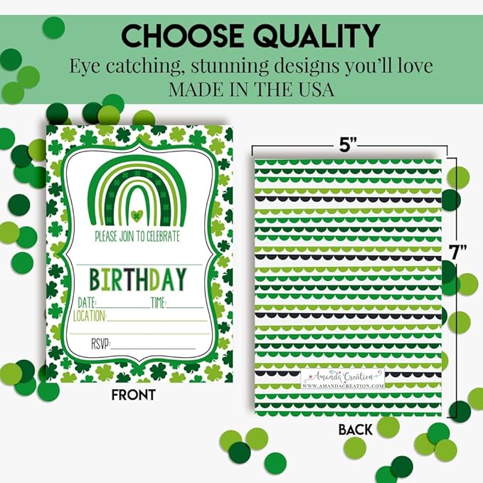 St. Patrick's Day Green Shamrock Rainbow Themed Birthday Party Invitations for Kids, 20 5x7 Fill In Cards with Twenty White Envelopes by AmandaCreation