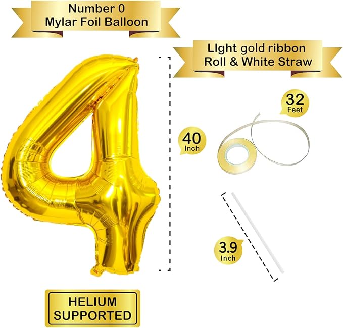 Gold Number Balloons Birthday Balloons - Giant Gold Number 4 Balloon 40 inch, Numbers Balloon Birthday Decorations, Gold Party Supplies for Women Men