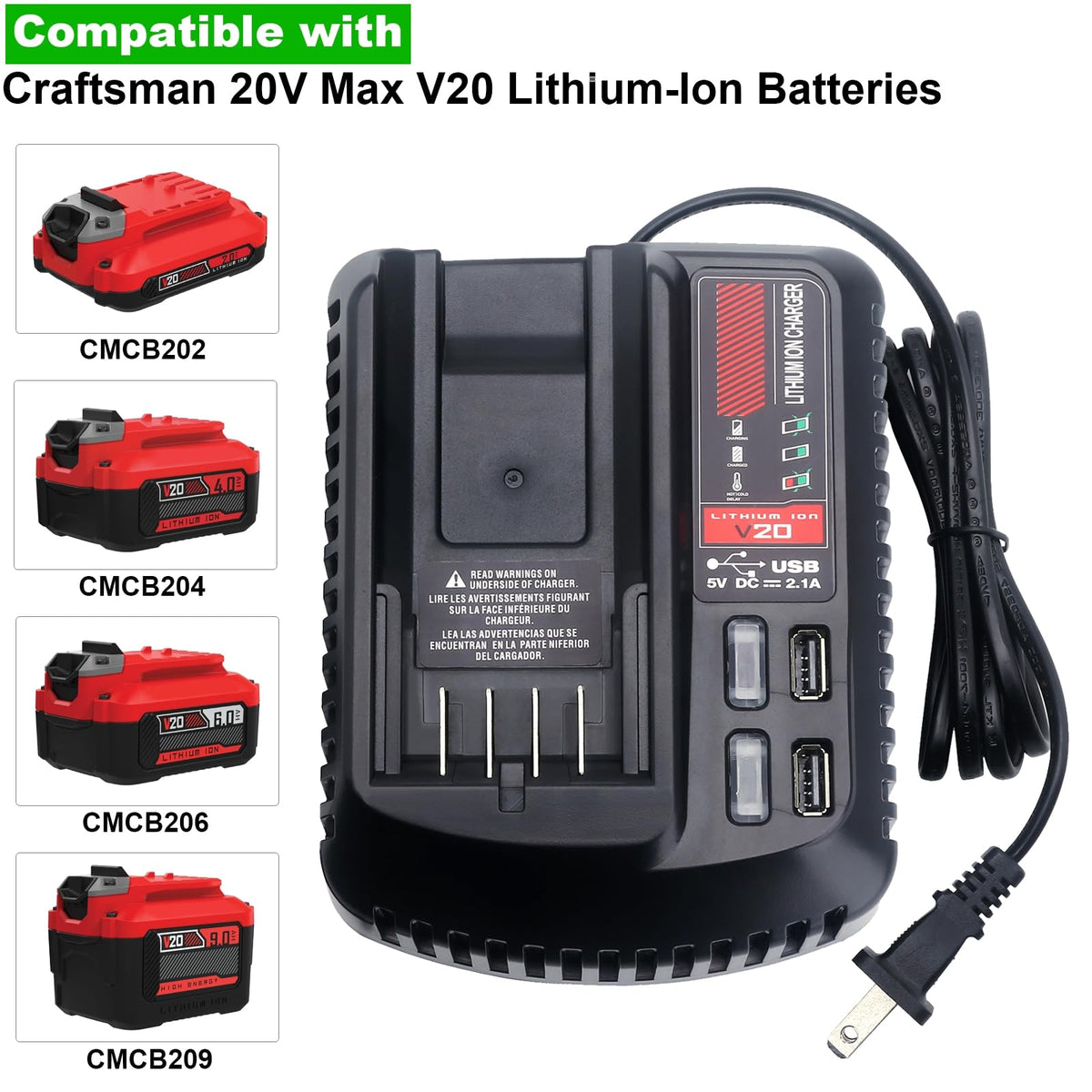 V20 Battery Fast Charger CMCB104 Replacement for Craftsman V20 20V max Lithium Battery Charger for CMCB201 CMCB202 CMCB204 CMCB205 CMCB206, with 2 USB Ports
