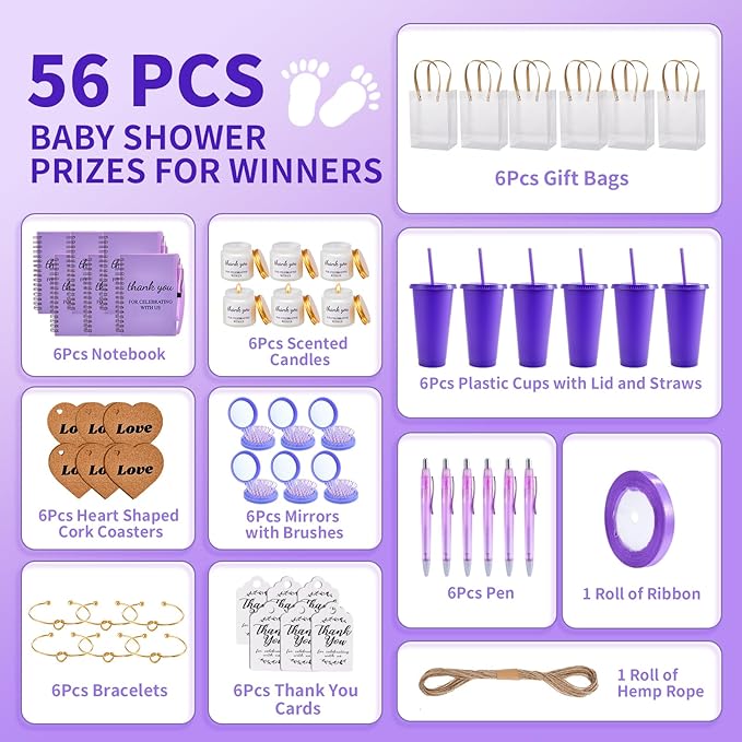 56Pcs Baby Shower Prizes for Game Winners Baby Shower Favors Gifts including Plastic Tumbler Notebook Scented Candles Ballpoint Pen Mirrors with Hair Brushes Bracelet Gift Bag (Purple)