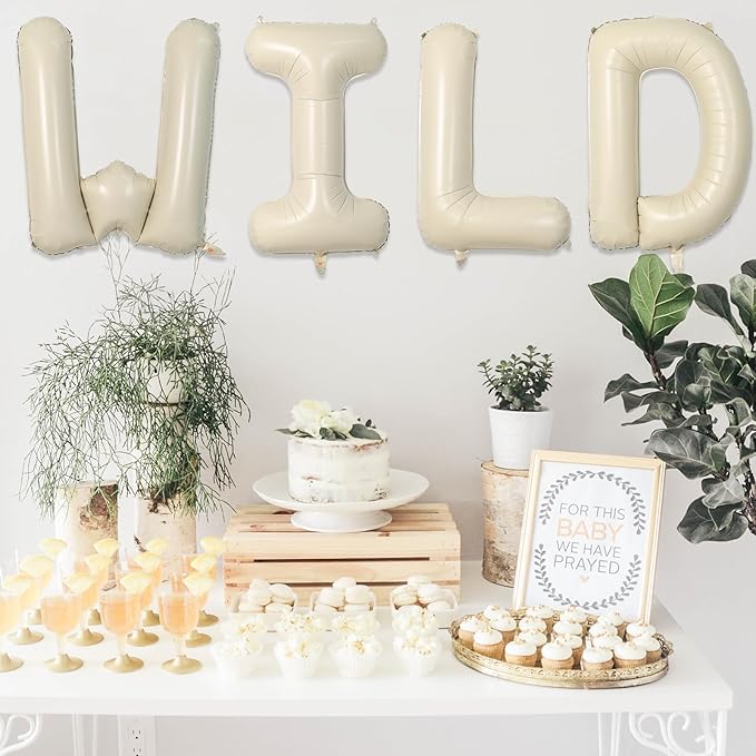 Biapian 40 Inch WILD Letter Balloons, Big Beige WILD Foil Balloon, 4 Pcs Ivory Sand White Giant Alphabet Foil Aluminum Balloon Helium for Kids Boys Girls Birthday Baby Shower Wild Party Decoration