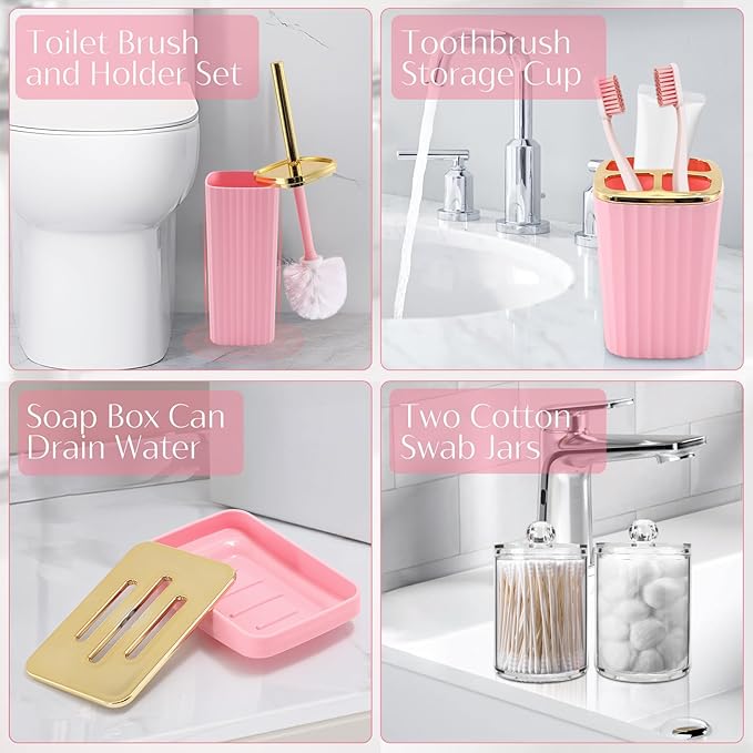 17PCS Bathroom Accessory Set Pink Bathroom Set Bathroom Accessories,Toilet Brush, Trash Can, Qtip Holder Dispenser& 3PCS Soap Dispenser