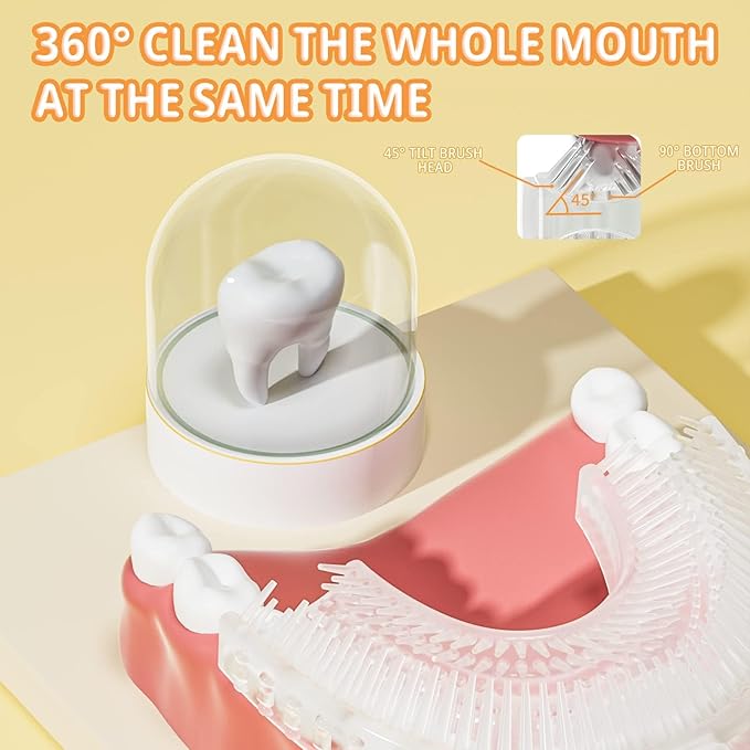 Kids Electric U Shaped Toothbrush Children Rechargeable Sonic Toothbrush with 6 Soft Brush Head Automatic Full Mouth 6 Cleaning Modes -Age2-7 Yellow