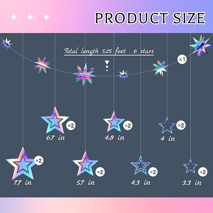 BTSD-home Iridescent Star Garland Decorations 14 Mixed 3D Twinkle Hanging Stars with 5.25FT Holographic Octagon Star Garland for Home School Ceiling Window Starry Space Birthday Party Decorations