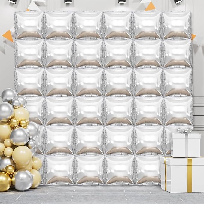 36 Piece XL Silvery Wall Screen Double Sided Square Balloon Screen Tunnel Arch Kit Mylar Square Balloons For Baby Shower Graduation Prom Birthday Party Decorations (Silvery)