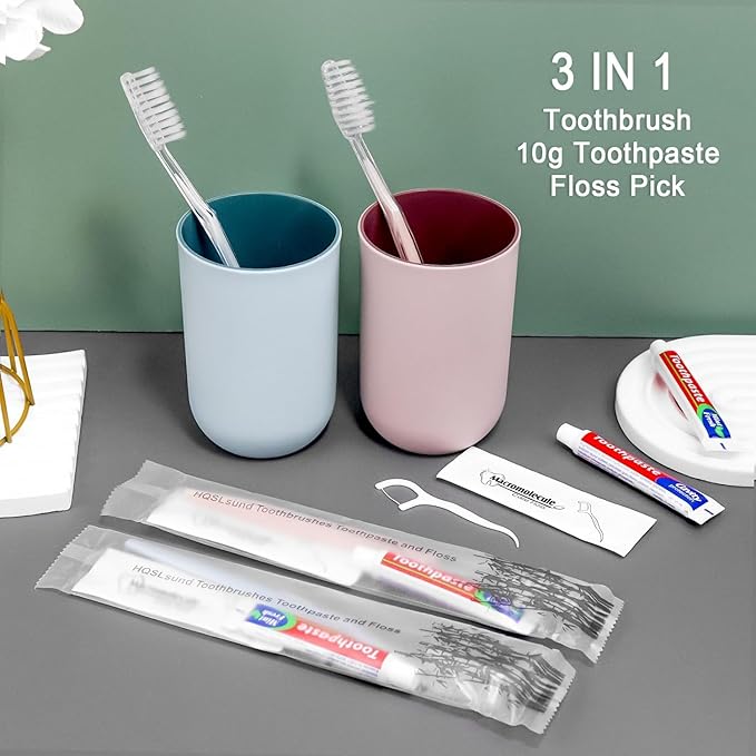 100 Pack Disposable Toothbrushes with Toothpaste Floss Individually Wrapped, 2 Color Toothbrush,10g Toothpaste,Floss Pick,Bulk Toothbrush Kit for Homeless,Airbnb,Hotel,Guest