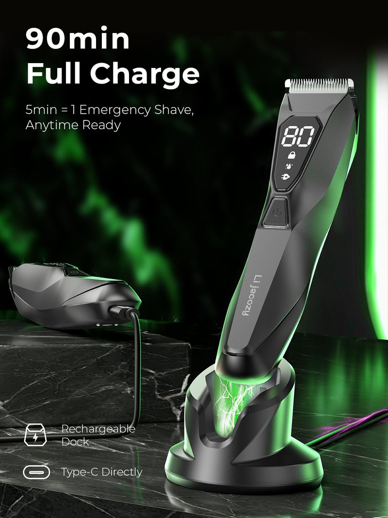 Lijecozy Body Hair & Pubic Hair Trimmer for Men - Electric Ball Shaver with LED Light & Display, Waterproof Wet/Dry Groomer Kit with Wireless Charging & 3 Combs, Ceramic Blade Technology