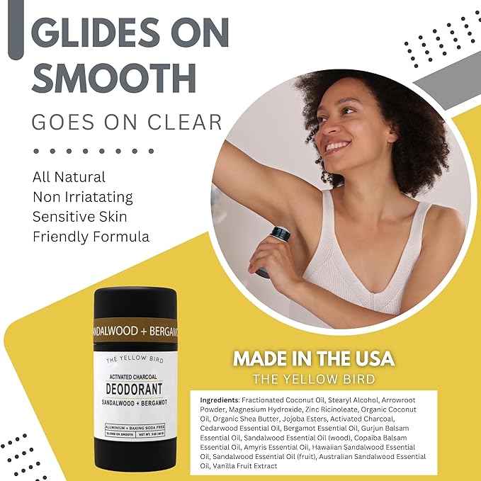 Sandalwood & Bergamot Natural Deodorant – Aluminum-Free, Baking Soda-Free Stick, Sensitive Skin Formula with Activated Charcoal – 3 oz, For Men, Women, Teens - Made in USA
