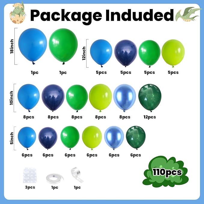 FunHot Blue Green Balloon Arch Kit, Dinosaur Balloon Garland Kit with Fruit Green Dark Navy Blue Latex Balloons for Boys Baby Shower Jungle Safari Kids Dinosaur Themed Birthday Party Decorations