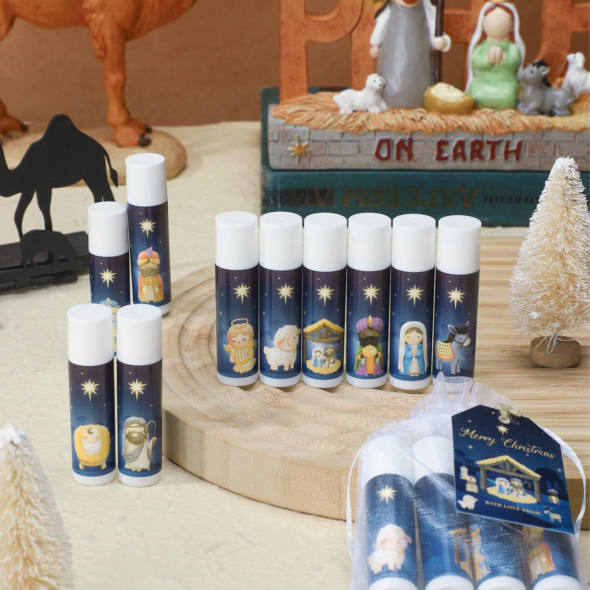 50 Pcs Christmas Nativity Lip Balm Gifts Bulk Christmas Beauty Stocking Stuffers Gift Basket Stuffers Christian Religious Holiday Party Mini Gifts for Clients Salon Xmas Treat Goodie for Women Men