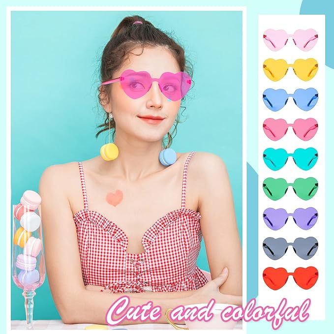 YQVIE 20 Pack Heart Shaped Sunglasses One Piece Candy Color Rimless Glasses for Women Bachelorette Party Supplies