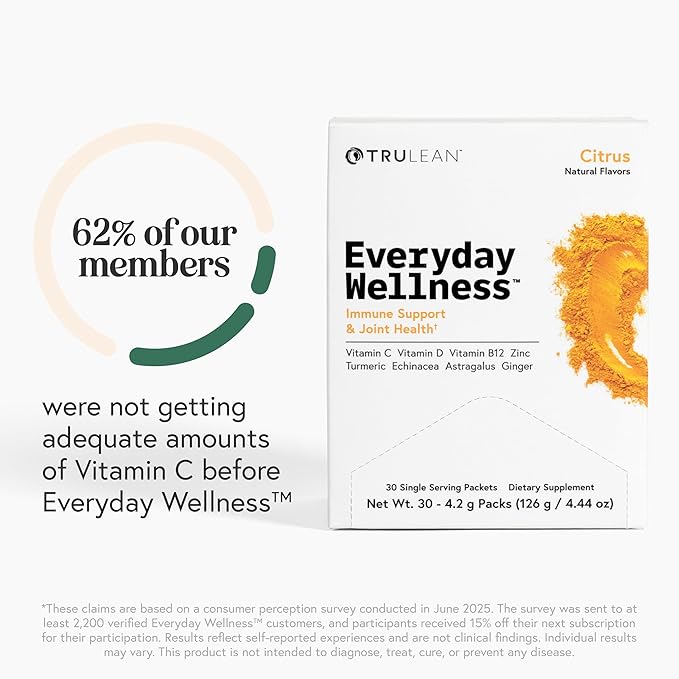 TRULEAN Everyday Wellness Shot Powder - Turmeric, Ginger, Vitamin C, Immunity & Immune Support Supplement - No Artificial Ingredients, No Sugar & Gluten Free - 30 Packets Citrus Flavor