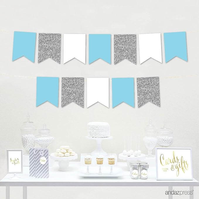 Andaz Press Hanging Pennant Banner with String, Baby Blue, White, Silver, 1-Set, 24 Pennants, Approx. 12-Feet Long, Frozen Winter Theme Colored Supplies