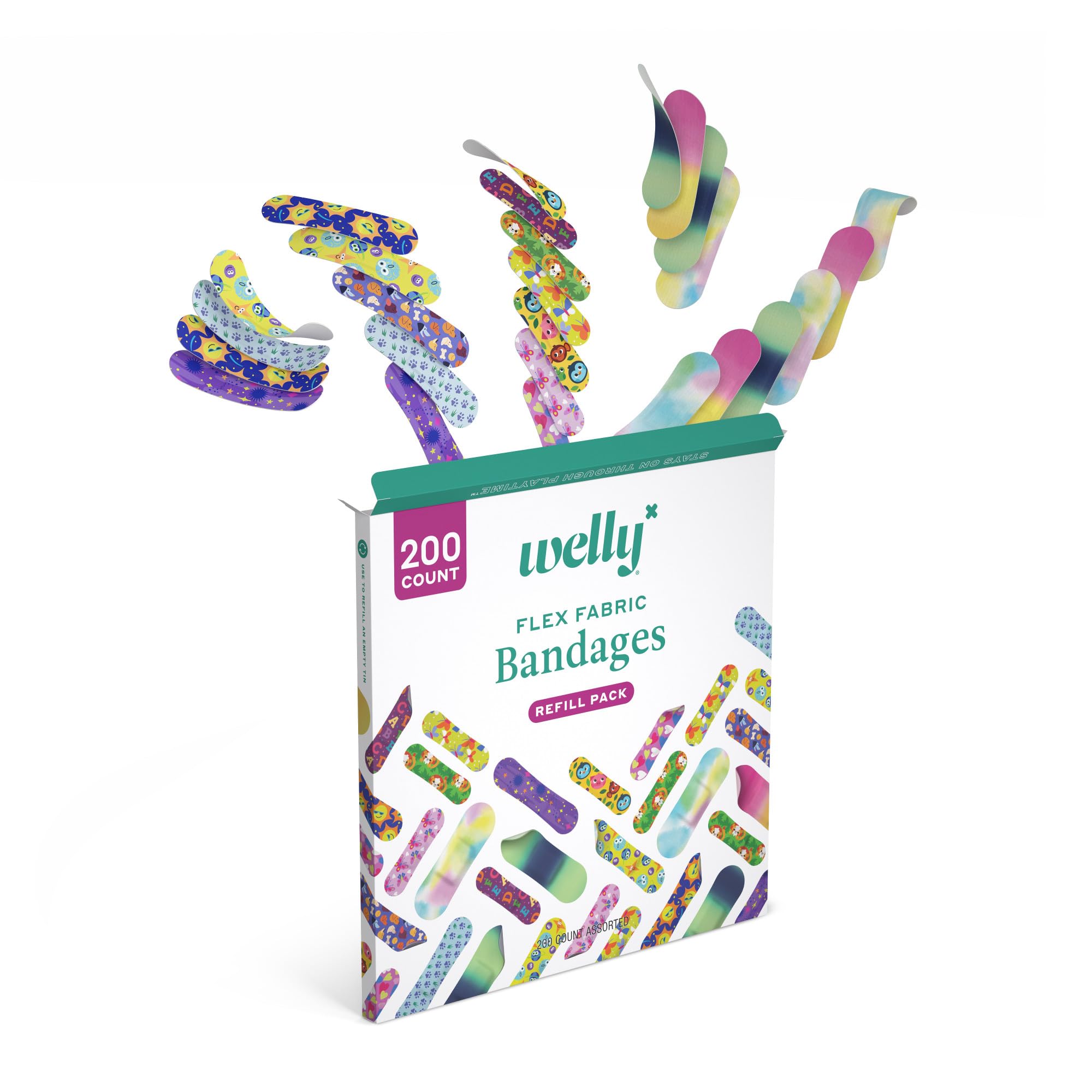 Welly Bandage Refill Ready Pack | Adhesive Flexible Fabric Bandages | Bulk Assorted Shapes and Patterns for Minor Cuts, Scrapes, and Wounds - 200 Count