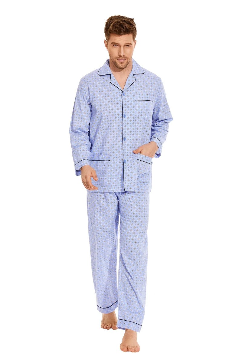 GLOBAL Mens Pajamas Set, 100% Cotton Woven Drawstring Sleepwear Set with Top and Pants/Bottoms,Medium