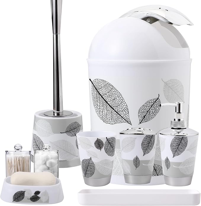 8 Piece Grey Bathroom Sets with Toothbrush Holder,Toothbrush Cup,Lotion Soap Dispenser,Soap Dish,Toilet Brush,Trash Can,Qtip Holder