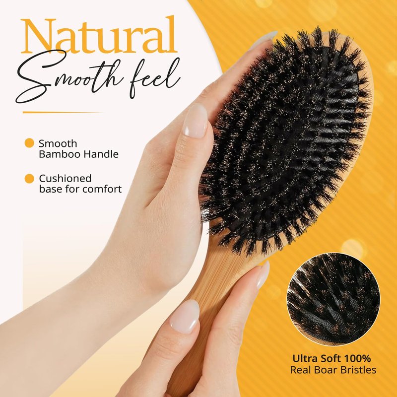 Belula 100% Boar Bristle Hair Brush Set (Medium). Soft Natural Bristles for Thin and Fine Hair. Restore Shine And Texture. Wooden Comb, Travel Bag and Spa Headband Included!