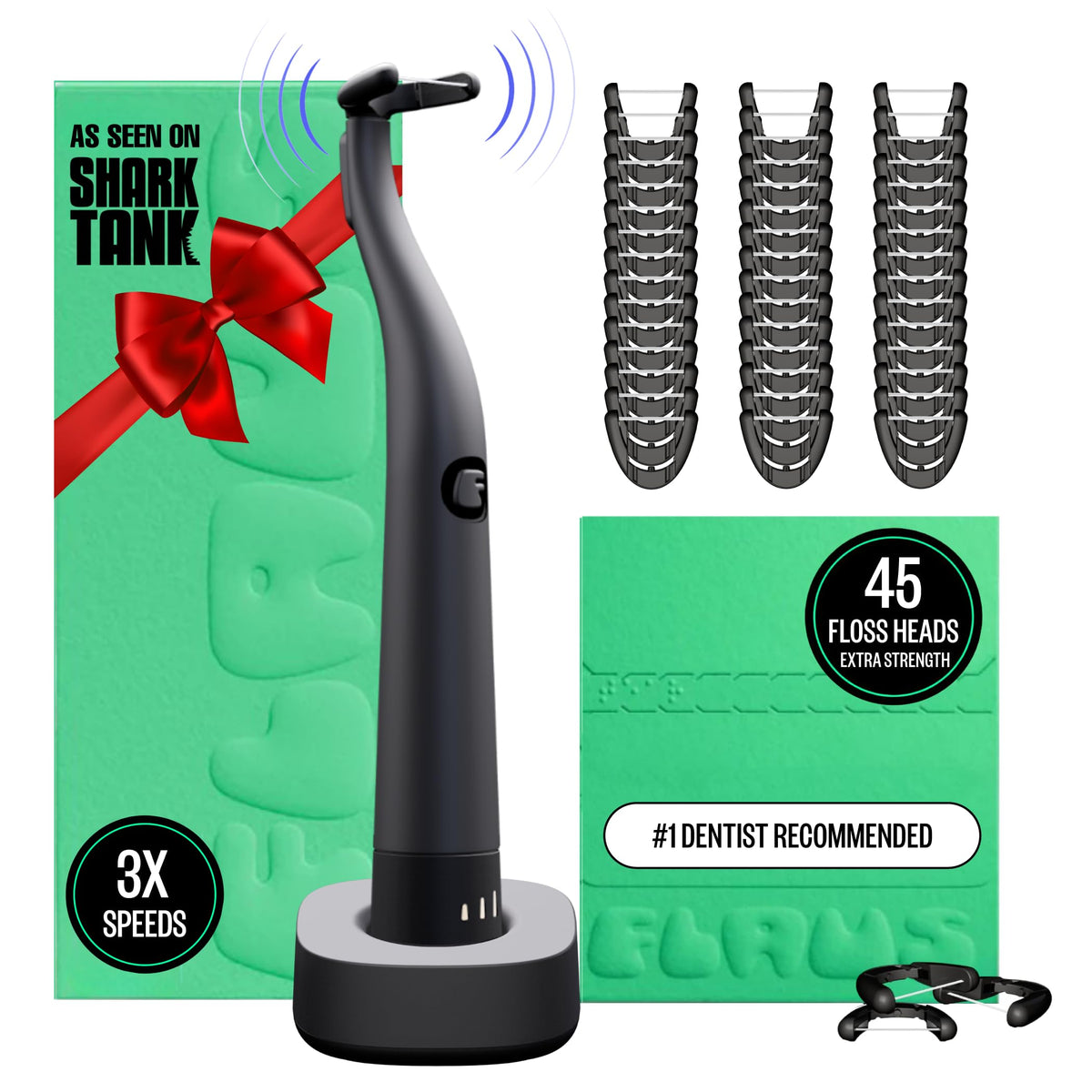 FLAUS Electric Flosser (Extra Strength Woven) - Shark Tank + Oprah's List - Water Floss Alternative - Plaque Remover for Adult- Easy Vibration Flossing - Safe Portable Gum + Teeth Cleaning Tool