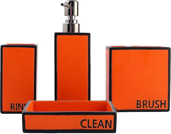 Hymmah Bathroom Accessories Set,Toothbrush Holder,Farmhouse Bathroom Decor,4 Pcs Resin Gift Set Apartment Necessities, Contain Toothbrush Cup,Soap Dispenser,Soap Dish,Tumbler Orange