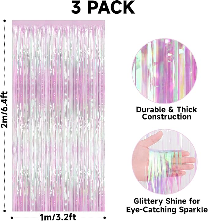 jijAcraft 3 Pack Iridescent Pink Tinsel Foil Fringe Curtain, Party Photo Backdrop, Holographic Pink for Mermaid Party Birthday Graduation Engagement Bridal Shower Bachelorette Baby Shower Decor