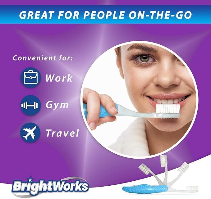 BrightWorks Folding Travel Toothbrush (6 Total, 3 Sets of 2) with Built-in Cover. Portable with Soft Bristles and Tongue Cleaner. for Camping, Hiking, Travel, Work, Gym, Purse, Backpack.