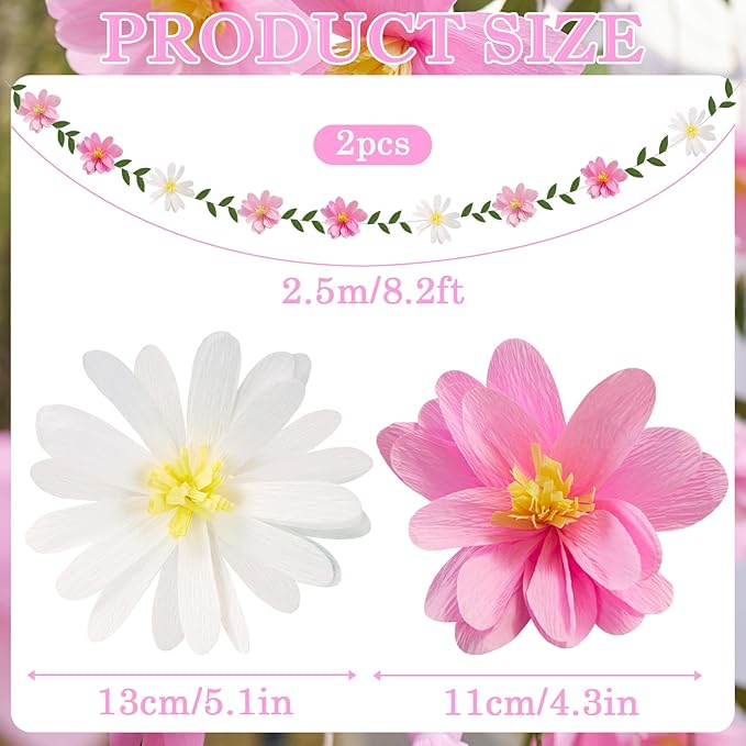 2PCS Paper Flower Garland, Paper Leaves Banner Vine Flowers with Green Leaves Crepe Flower Garland Decorations for Wall Anniversary Wedding Birthday Arch Decor-Pink
