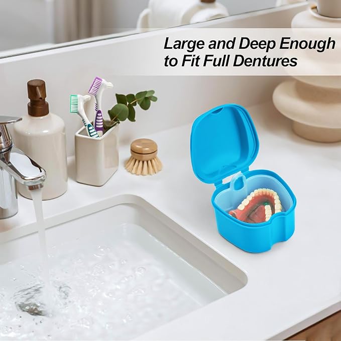 2 Pack Denture Cup Denture Bath Holder Case with Strainer Basket, Dental Retainer Cleaner Case False Teeth Container Denture Bath Soaking Cup with 2 Brushes - Purple and Blue