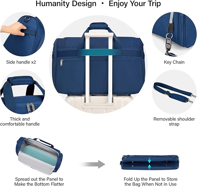 Hanke Carry On luggage Bags for Travel, Large Foldable Duffle Bag for Travel, Softside Lightweight Travel Bag Carry On Bags for Airplanes Women, Travel Tote Bags for Women Men.（Blue）