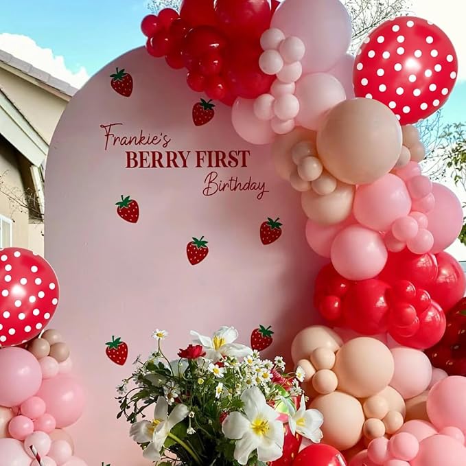 Strawberry Balloons Garland Arch Kit, 156Pcs Berry Sweet Tender Pink Red Dark Green White Balloons for Fruit Themed Birthday Party Baby Shower Decorations