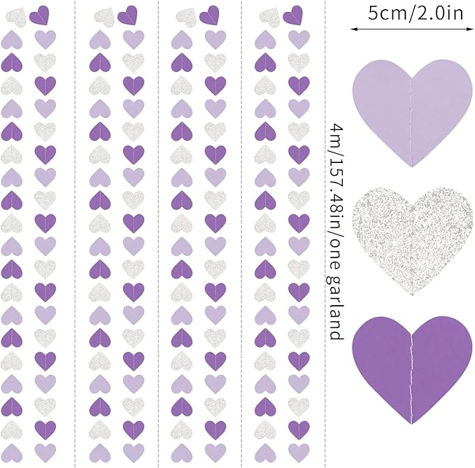 Purple Silver Birthday Party-Decorations Streamers - 52FT Graduation Hanging Heart Garland Banner,Valentines Baby Bridal Shower Engagement Wedding Anniversary Bachelorette Backdrop Decor Hugtmr