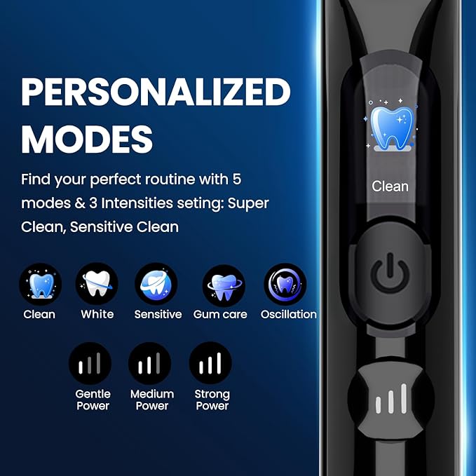 Electric Toothbrush, Sonic Toothbrush for Adults Teens with Pressure Sensor, AI Zone Cleaning Tracking, 5 Modes & 3 Intensities, 180 Days Battery Life, 4 Brush Heads with Travel Case, Black