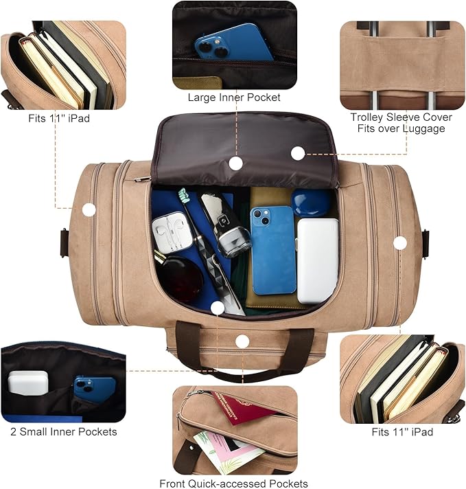 Litvyak Duffle Bag for Travel, 50L Canvas Travel Duffel Bags Overnight Weekend Gym Carry On Luggage Bag for Men & Women(Coffee+Toiletry Bag)