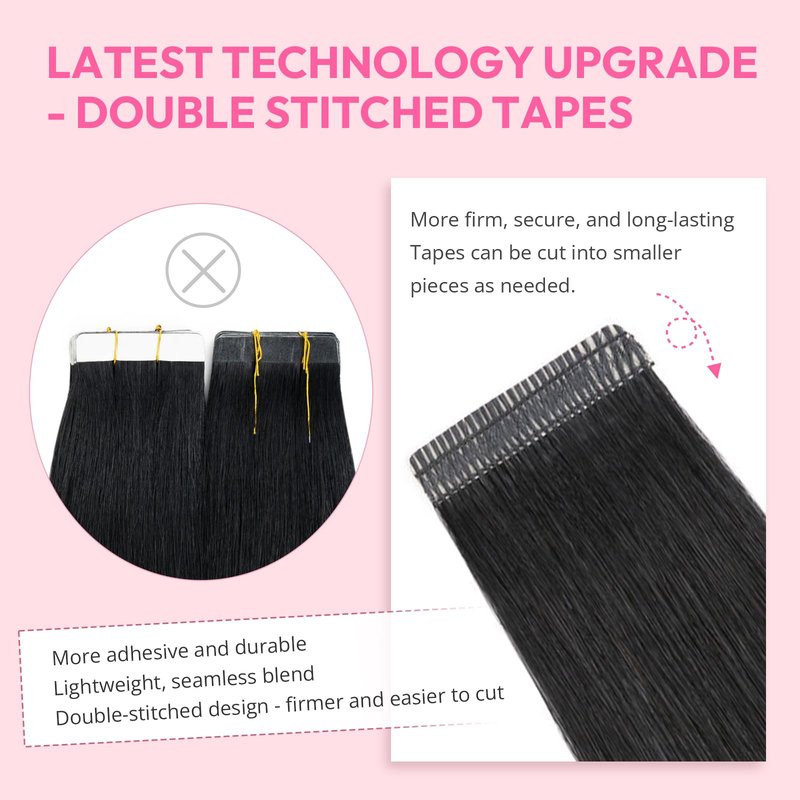 Charites Jet Black Tape in Hair Extensions Human Hair 20pcs 40g - Double Stitched Adhesive Real Human Hair Extensions - Invisible Tape ins Human Hair Extensions - 14 Inches 01#