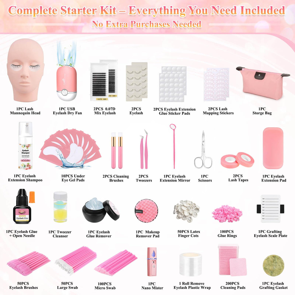 Tetutor Lash Kits Extensions Kit for Beginners, Eyelash Lash Extension Kit for Beginners with Lash Mannequin Head, Lash Extension Practice Kit Starter Kit with Everything USB Fan, Lash Glue, Shampoo